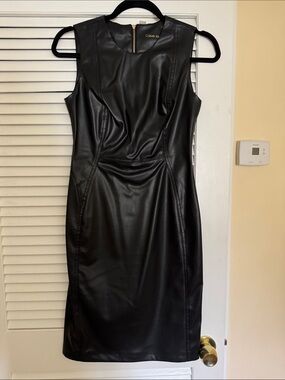 Calvin Klein Black Faux Leather Midi Sheath Dress